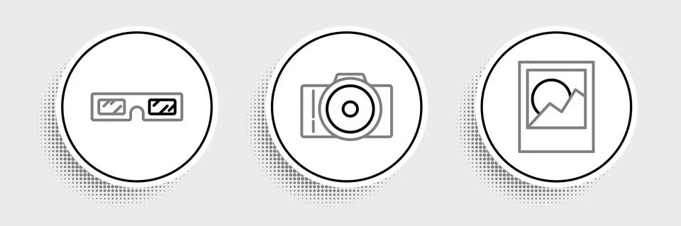 Set line Photo frames, 3D cinema glasses and camera icon. Vector Illustrazione stock