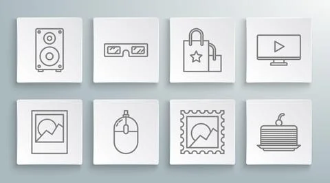 Set line Photo frames, 3D cinema glasses, Computer mouse, Picture landscape Illustrazione stock