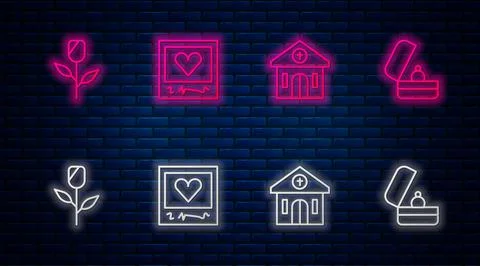 Set line Photo frames and hearts, Church building, Flower rose and Wedding rings Ilustración de archivo