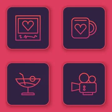 Set line Photo frames and hearts, Cocktail, Coffee cup and Cinema camera. Blue Stock Illustration