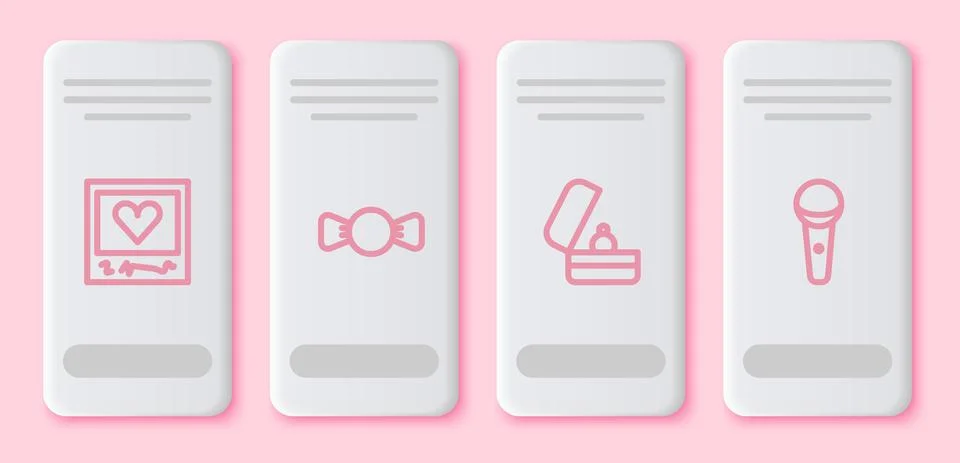 Set line Photo frames and hearts, Bow tie, Wedding rings and Microphone. White 스톡 일러스트