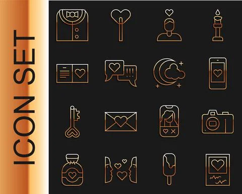 Set line Photo frames and hearts, camera, Mobile with, Couple in love, Heart Stock Illustration