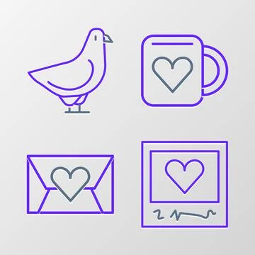 Set line Photo frames and hearts, Envelope with Valentine, Coffee cup and Dov 스톡 일러스트