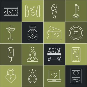 Set line Photo frames and hearts, Mobile with, Clock, Ice cream in waffle cone Stock Illustration