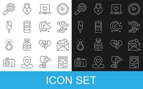 Set line Photo frames and hearts Envelope with Valentine Candy Dating app onl Illustrazione stock