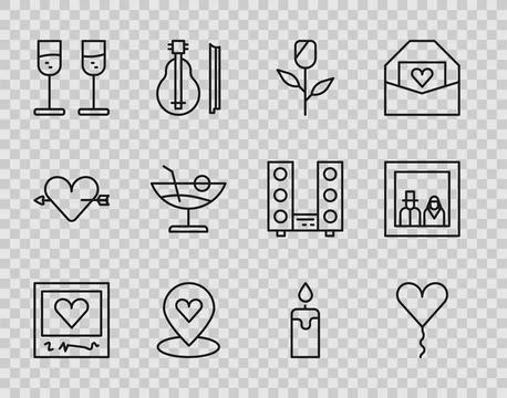 Set line Photo frames and hearts, Balloon in form of, Flower rose, Location.. Stock Illustration