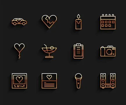 Set line Photo frames and hearts, Greeting card, Limousine, Microphone, Hom.. Illustrazione stock