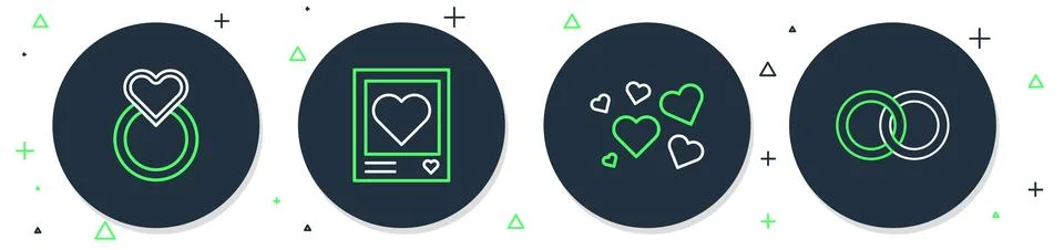 Set line Photo frames and hearts, Heart, Wedding rings and  icon. Vector Illustrazione stock