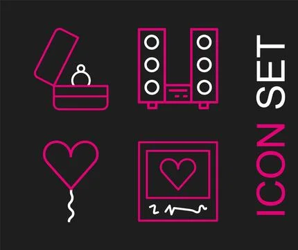 Set line Photo frames and hearts, Balloon in form of, Home stereo with two .. Stock Illustration