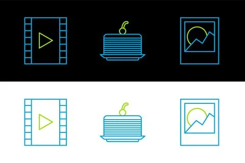 Set line Photo frames, Play Video and Cake icon. Vector Illustrazione stock