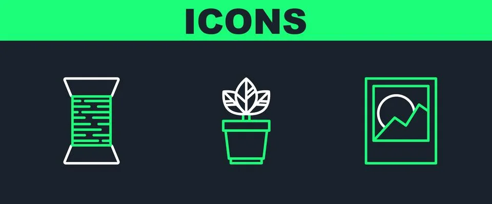 Set line Photo frames, Sewing thread on spool and Flowers pot icon. Vector 스톡 일러스트