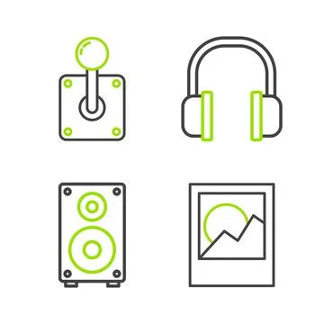 Set line Photo frames, Stereo speaker, Headphones and Joystick for arcade mac Illustrazione stock