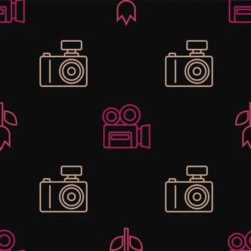Set line Photo mode macro, camera and Retro cinema on seamless pattern. Vector Illustrazione stock