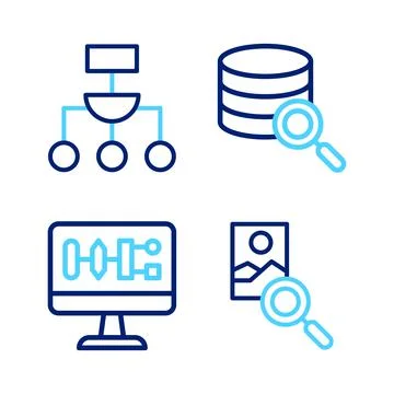 Set line Photo retouching, Algorithm, Server and icon. Vector Stock Illustration