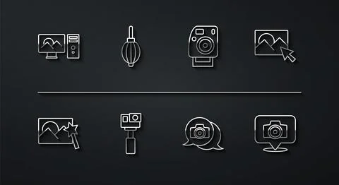 Set line Photo retouching, camera, Action, Dust blower,  and  icon. Vector 스톡 일러스트