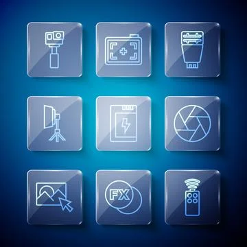 Set line Photo retouching, camera fx, Remote control for, flash, Battery, S.. Stock Illustration