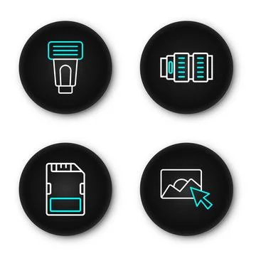 Set line Photo retouching, SD card, Camera photo lens and camera flash icon.. Stock Illustration