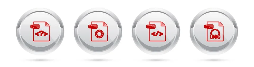 Set line PHP file document, RAW, HTML and MP3. Silver circle button. Vector イラスト素材