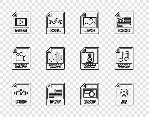 Set line PHP file document, JS, JPG, PDF, MP4, WAV, BMP and icon. Vector Stock Illustration