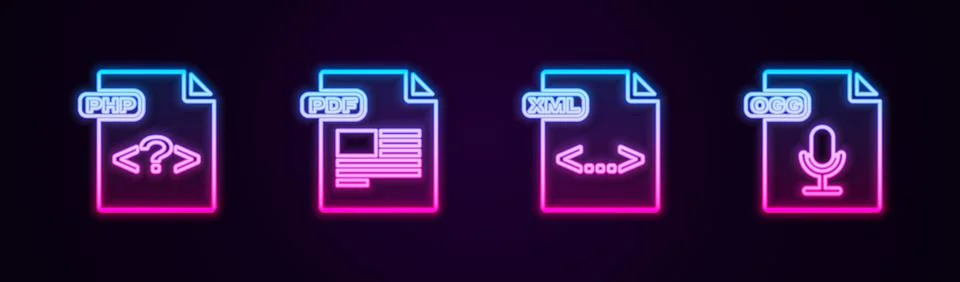 Set line PHP file document, PDF, XML and OGG. Glowing neon icon. Vector Stock-Illustration