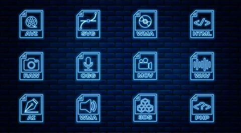 Set line PHP file document, WAV, WMA, OGG, RAW, AVI, MOV and SVG icon. Vector Stock Illustration