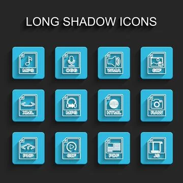 Set line PHP file document, GIF, MP3, PDF, JS, RAW and HTML icon. Vector Stock Illustration