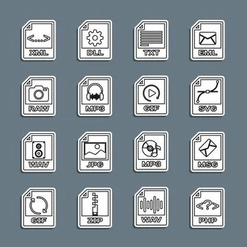 Set line PHP file document, MSG, SVG, TXT, MP3, RAW, XML and GIF icon. Vector Illustrazione stock