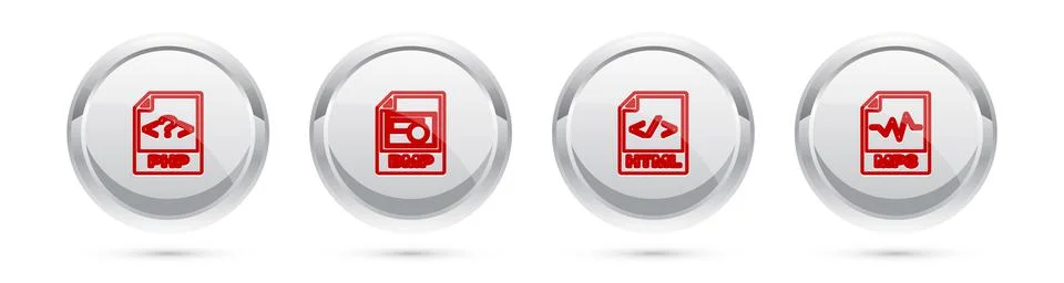 Set line PHP file document, BMP, HTML and MP3. Silver circle button. Vector Stock Illustration