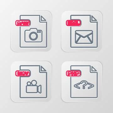 Set line PHP file document, MOV, EML and RAW icon. Vector イラスト素材
