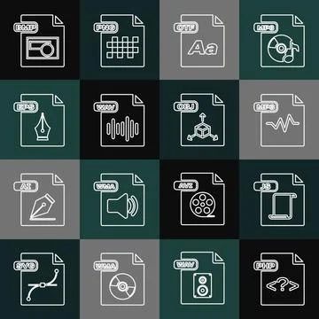 Set line PHP file document, JS, MP3, OTF, WAV, EPS, BMP and OBJ icon. Vector Illustrazione stock