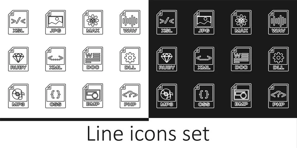 Set line PHP file document, DLL, MAX, XML, RUBY, XSL, DOC and JPG icon. Vector Illustrazione stock