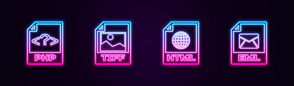 Set line PHP file document, TIFF, HTML and EML. Glowing neon icon. Vector 스톡 일러스트