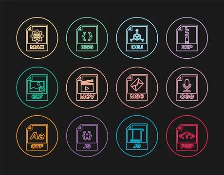 Set line PHP file document, OGG, OBJ, MOV, GIF, MAX, MSG and CSS icon. Vector Illustrazione stock