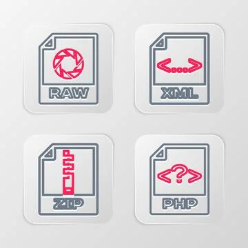Set line PHP file document, ZIP, XML and RAW icon. Vector Illustration