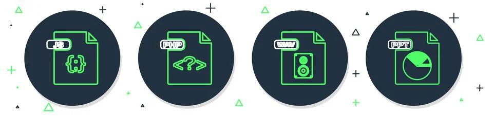 Set line PHP file document, WAV, JS and PPT icon. Vector Stock Illustration