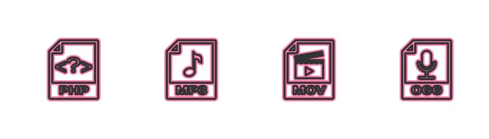Set line PHP file document, MOV, MP3 and OGG icon. Vector イラスト素材