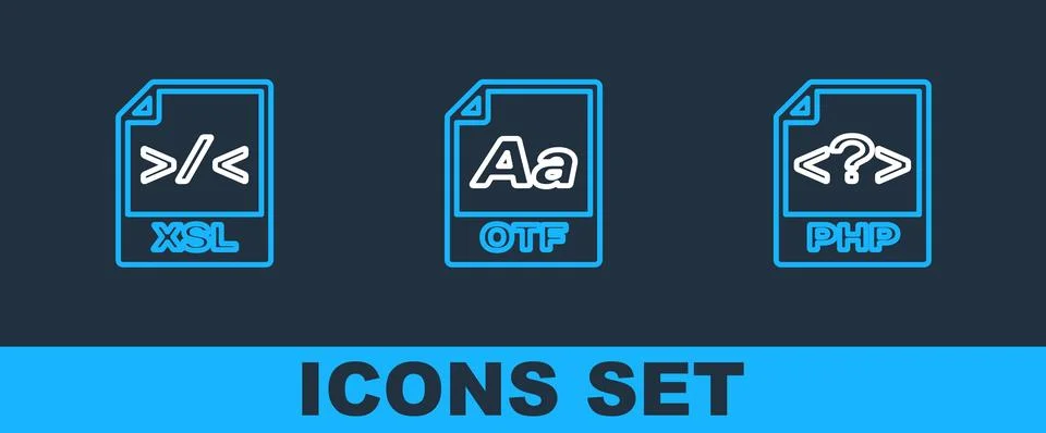 Set line PHP file document, XSL and OTF icon. Vector Illustration