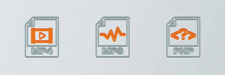 Set line PHP file document, MP4 and MP3 icon. Vector Stock Illustration