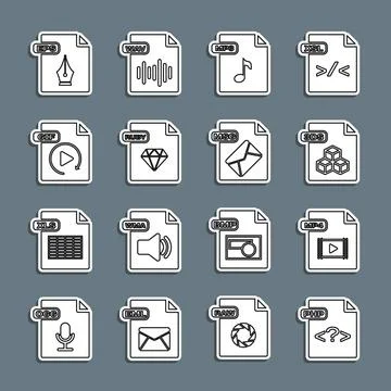 Set line PHP file document, MP4, 3DS, MP3, RUBY, GIF, EPS and MSG icon. Vecto イラスト素材