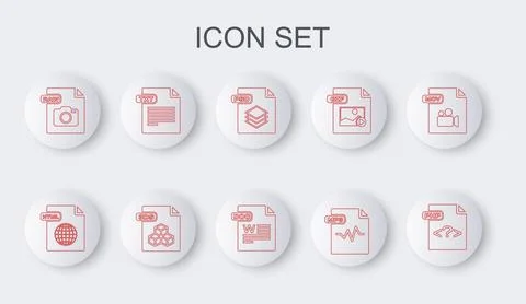Set line PHP file document, HTML, PSD, MP3, RAW, TXT, 3DS and DOC icon. Vecto Ilustración de archivo