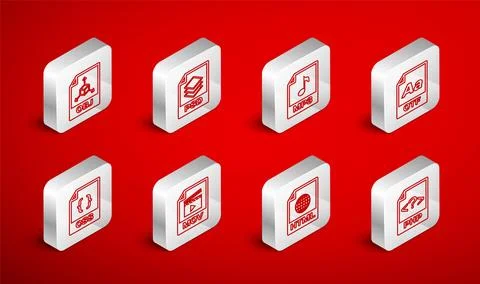 Set line PHP file document, PSD, MP3, OTF, HTML, OBJ, MOV and CSS icon. Vecto Stock Illustration