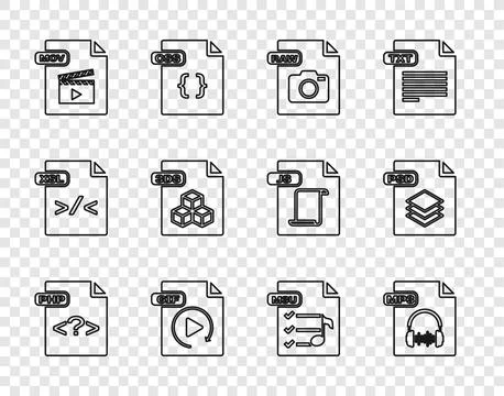 Set line PHP file document, MP3, RAW, GIF, MOV, 3DS, M3U and PSD icon. Vector Stock Illustration