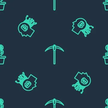 Set line Pickaxe, Bitcoin think and plant the pot on seamless pattern. Vector Stock Illustration