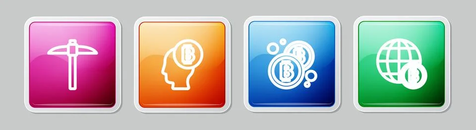 Set line Pickaxe, Bitcoin think,  and Globe. Colorful square button. Vector Stock Illustration
