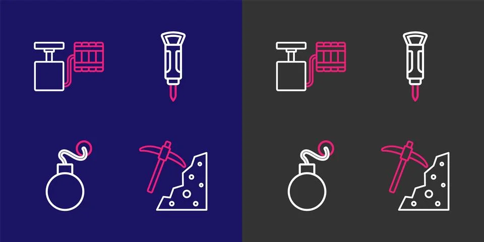 Set line Pickaxe, Bomb, Construction jackhammer and Handle detonator icon. .. Stock Illustration
