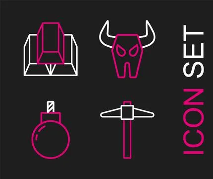 Set line Pickaxe, Bomb ready to explode, Buffalo skull and Gold bars icon. Ve Stock Illustration