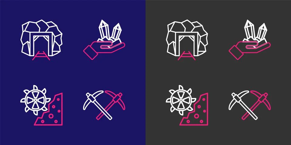Set line Pickaxe, Bucket wheel excavator, Gem stone and Mine entrance icon... Stock Illustration