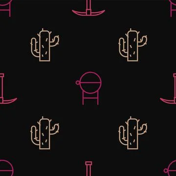 Set line Pickaxe, Cactus and Barbecue grill on seamless pattern. Vector 스톡 일러스트