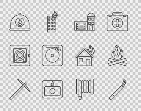Set line Pickaxe, Cigarette, Building of fire station, Fire alarm system Ilustración de archivo