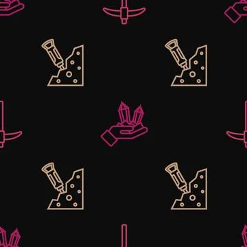 Set line Pickaxe, Construction jackhammer and Gem stone on seamless pattern Stock Illustration
